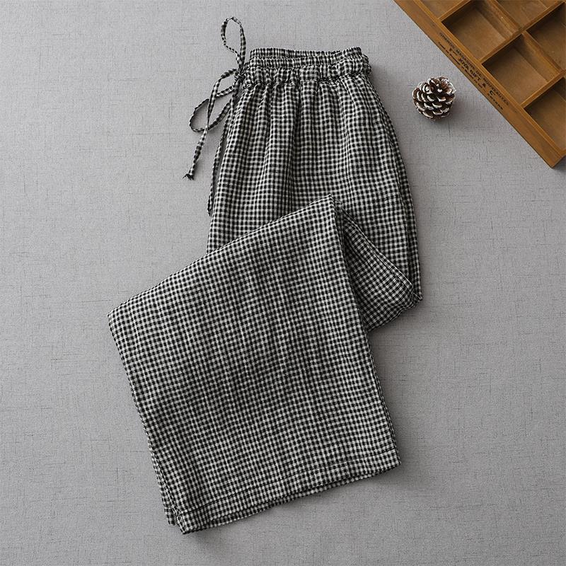 Linen Plaid Casual Pants for Women 2026 Summer New Loose Plus-Size Straight Cotton-Linen Cropped Wide-Leg Pants Thin