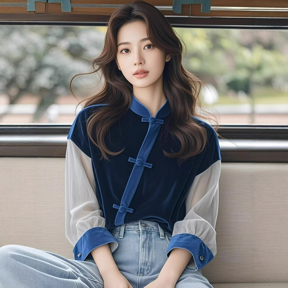 가을 2024 새로운 여성 의류 새로운 중국 스타일 국가 스타일 블루 스티칭 셔츠 하이 센스 라이트 성숙한 스타일 디자인 센스 탑