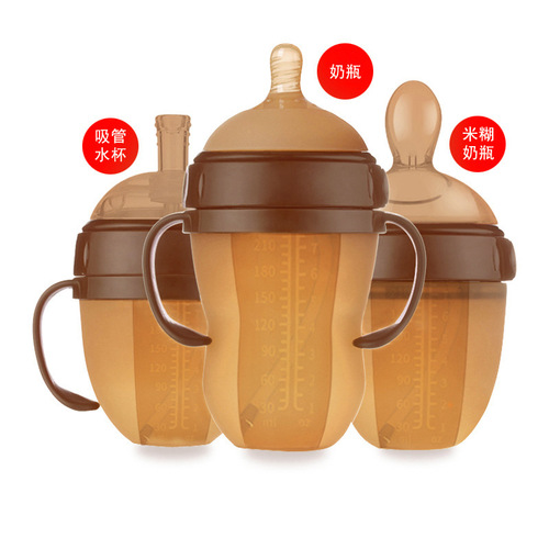 Baby weaning artifact silicone bottle, wide mouth with rice paste spoon head, water cup and nozzle, imitation breast milk anti-colic bottle