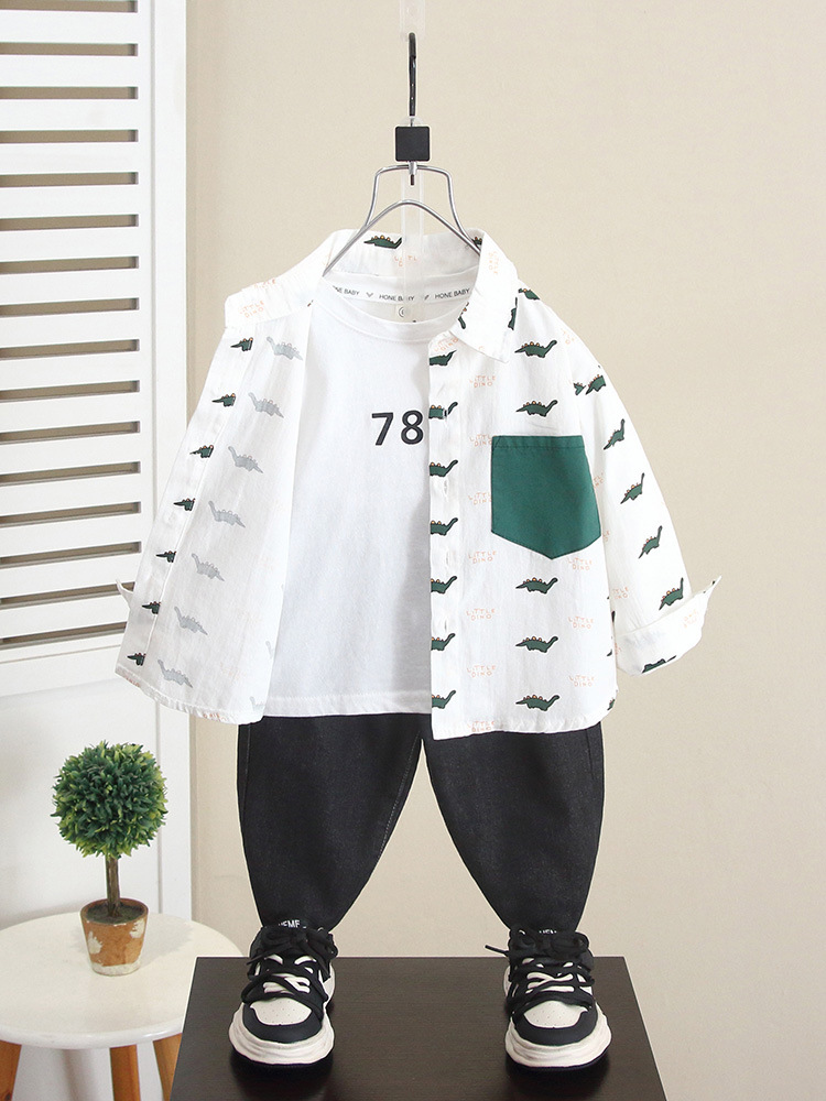 Camisa de Dinosaurio de Dibujos Animados para Niños 6268, Estilo Otoño 2026, Camisa de Manga Larga para Bebés, Ropa Infantil para Primavera y Otoño
