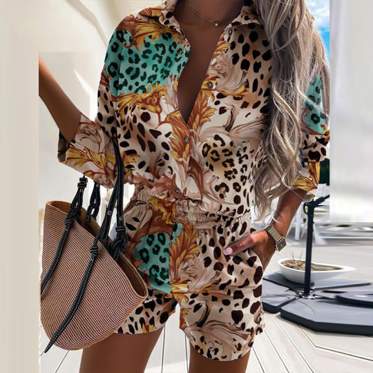 2022WISH Amazon cross-border summer new fashion digital printing button design shirt shorts suit women