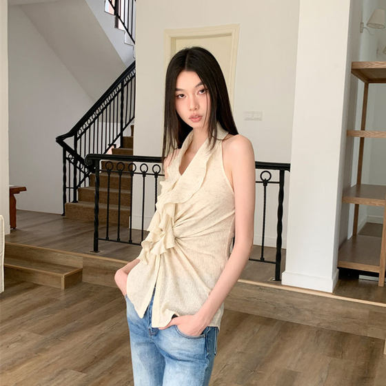 Vest Women's Design Sense Niche Texture Sense Ruffled Kink Turtow Neck Hot Girl Sling Top 2024 New Style