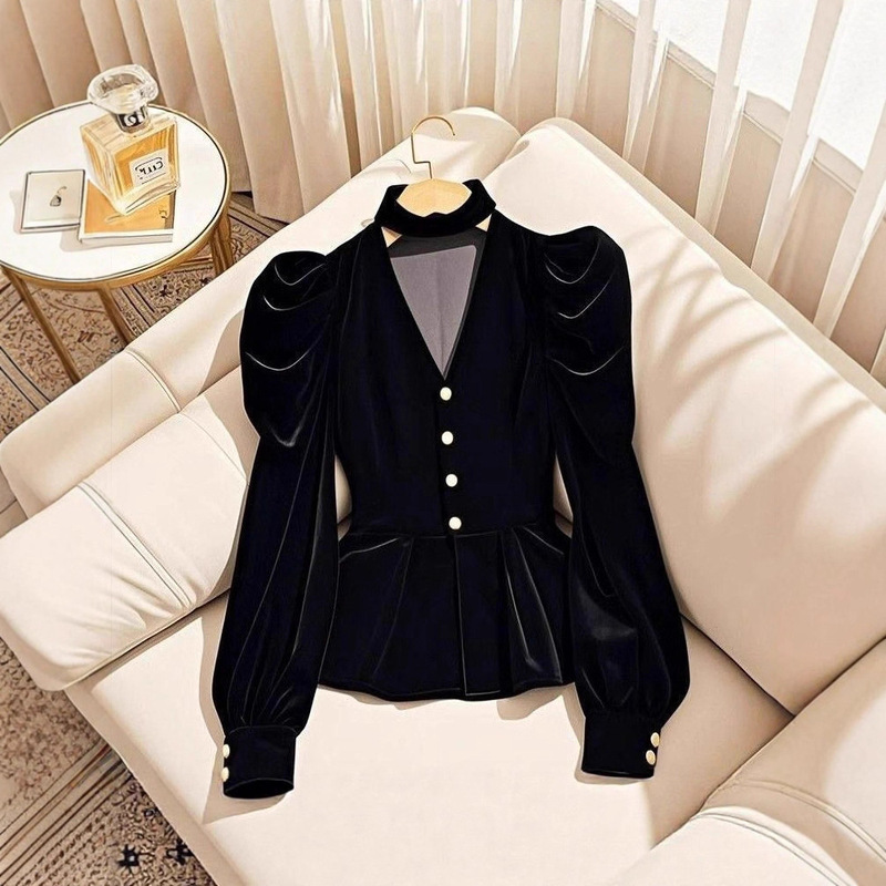 Tweed Style Black Velvet Long-Sleeved Waist Slimming Look Shirt for Women 2025 Autumn New French Unique and Beautiful Top