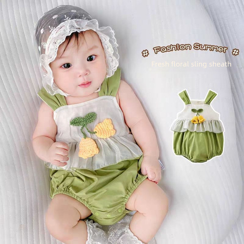 Baby Girls' Summer Top Bodysuit with Straps, Cute Princess Style, Trendy Summer Outfit, Thin Onionskin Bodysuit for Newborns