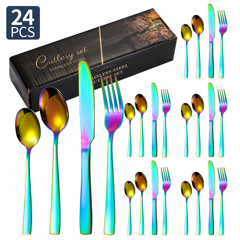 Transfronterizo Amazon cubiertos de acero inoxidable de mango cuadrado 20 / 24 / 30 piezas set cuchillo de filete de comida occidental tenedor cuchara set box
