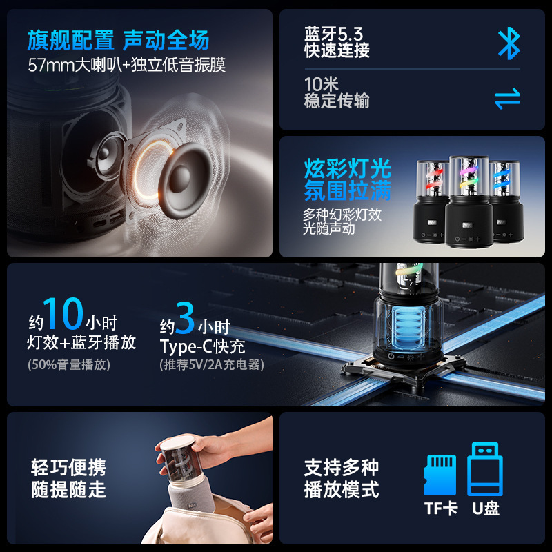 耐也新型ミニ無線bluetoothスピーカーカードデスクトップ音響長航続七色サブウーファー|undefined