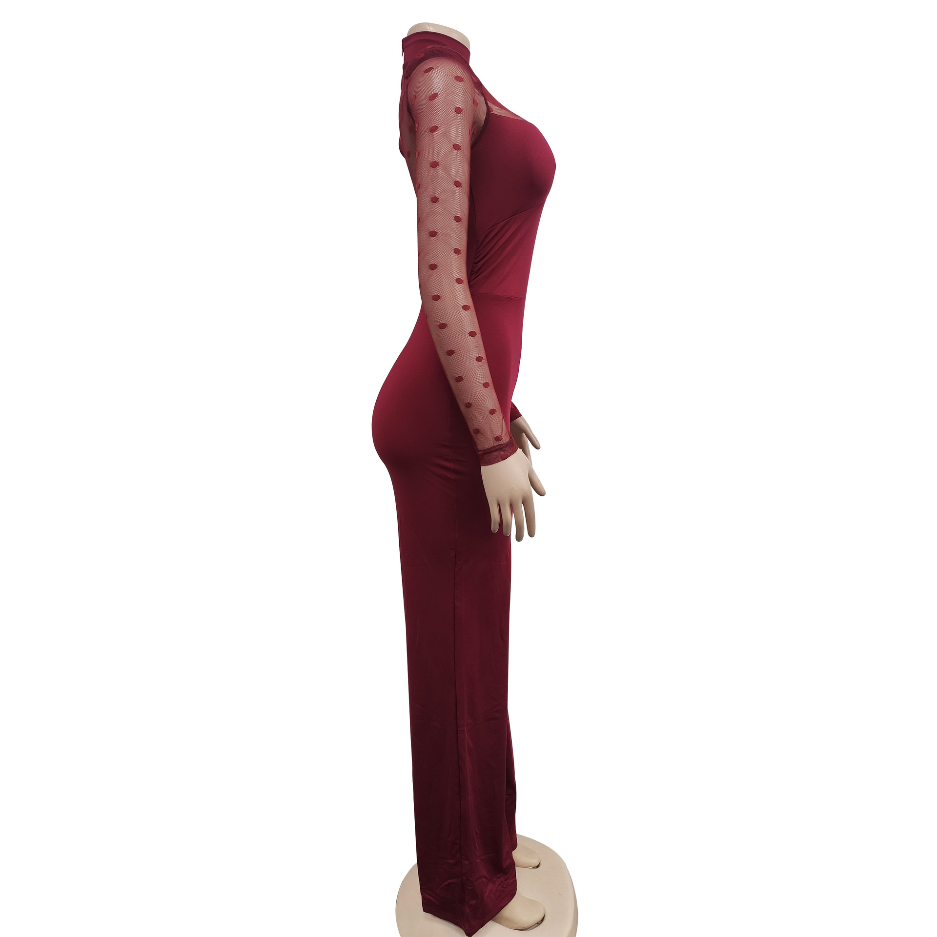Women's Clothing fashion women's polka dot mesh see-through long-sleeved trousers solid color jumpsuit_voghion.com
