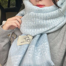 甜美奶油风纯色可爱小熊标围巾细腻针织格子韩版高级感保暖围脖