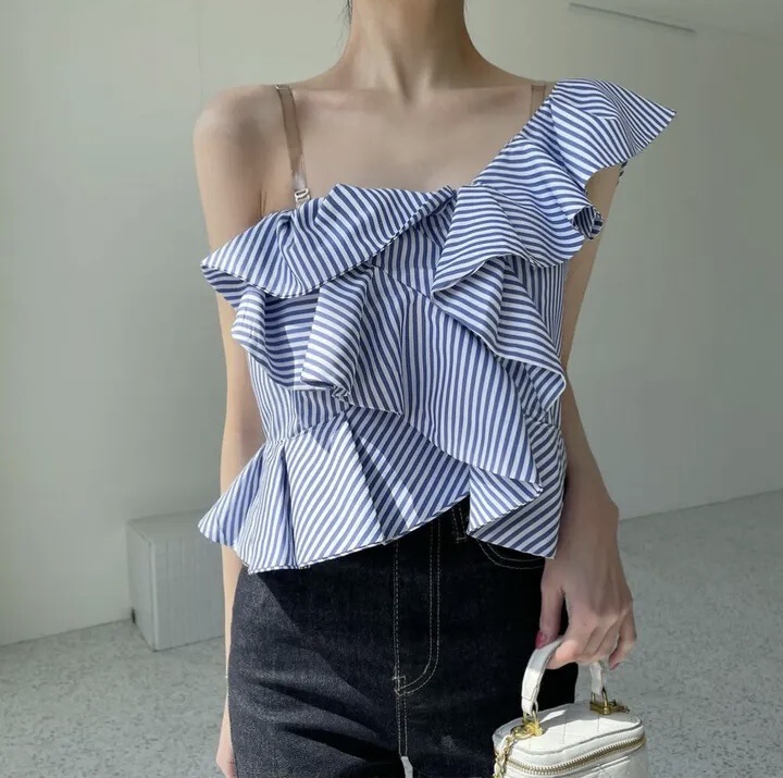 Cross-border source Korean version of irregular ruffled clavicle tube top women's summer elegant oblique shoulder off-shoulder shirt
