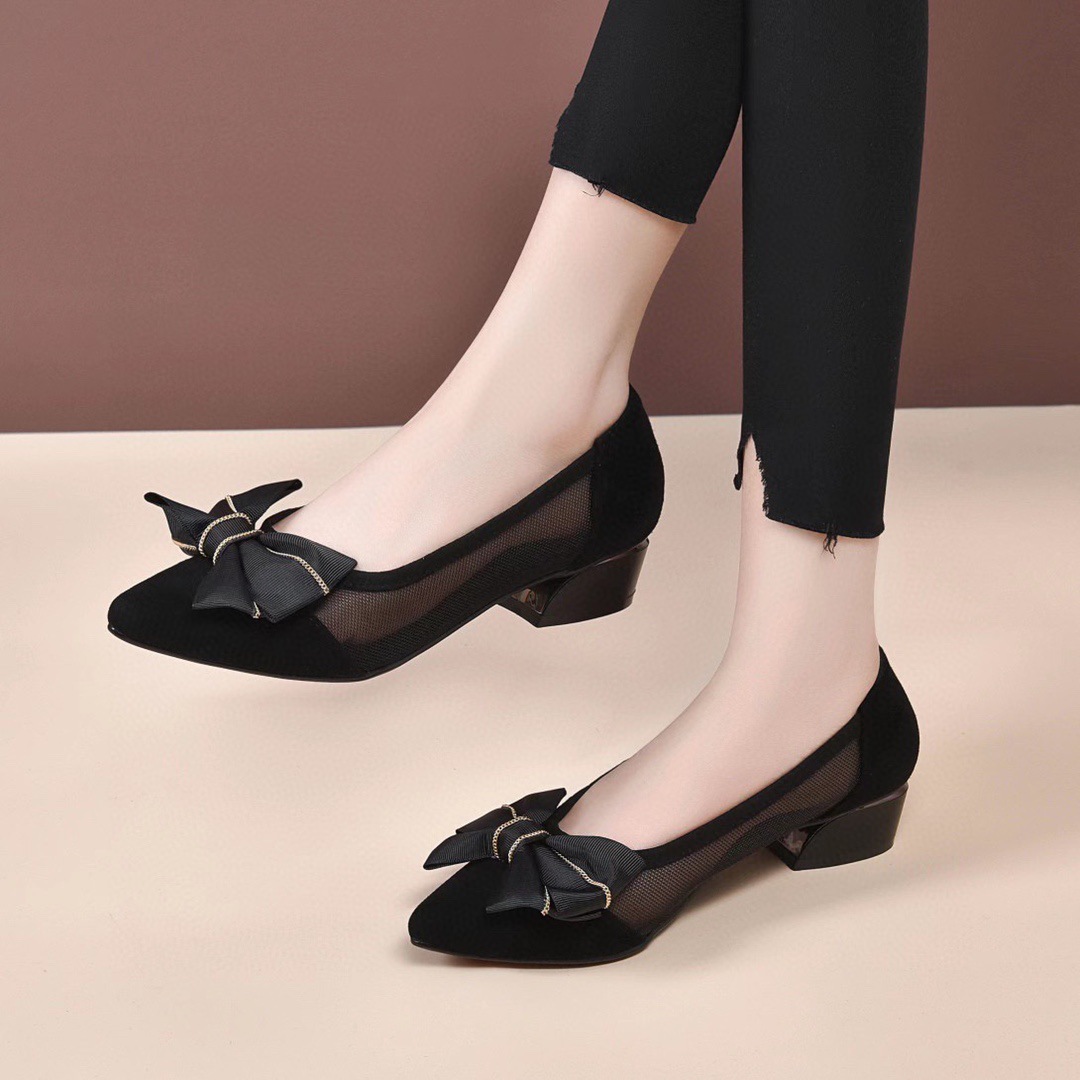 Giày ballet nữ mũi nhọn đế bằng da thật lưới thoáng khí — Màu đen gót 5cm