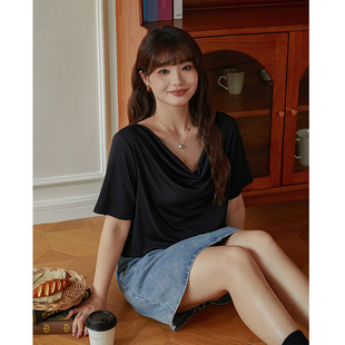 Unique super good-looking jacket women 200kg summer plus size women design ice silk pendant collar short sleeve sweater 3397