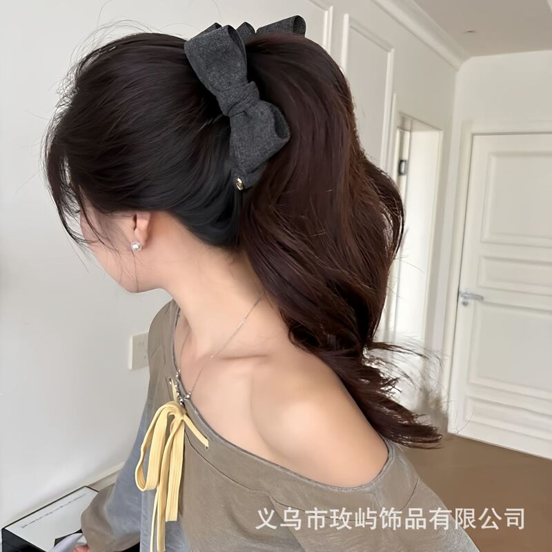 It's a Banana Clip! Threaded Gold Label ~ New Knitted Webbing Double-Sided Bow Korean Gold Label Banana Clip Hairpin