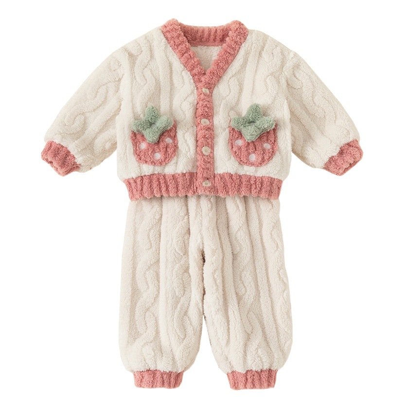 Youbao Ropa Infantil Conjunto de Pijama para Niñas Otoño e Invierno Conjunto de Dos Piezas de Suéter de Felpa con Estampado de Fresas para Niños DT23200