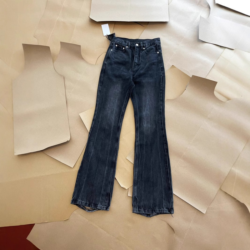 High version B's 2023s black and gray washed damaged distressed horn straight jeans customized dyed Denim fabric