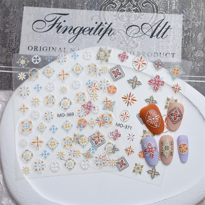 Nueva artesanía Bohemia 5D pegatinas de uñas tridimensionales pintura de bricolaje pegatinas de uñas en relieve de estilo étnico con pegamento trasero