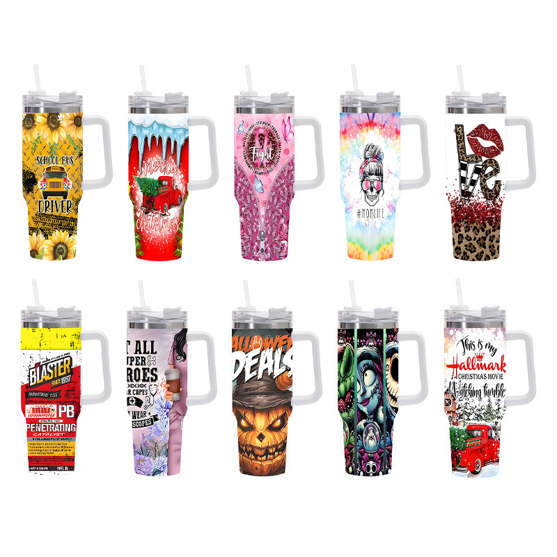 Vaso térmico de acero inoxidable con aislamiento al vacío de 40 oz, para automóvil, de gran capacidad, con impresión UV de diseño 5D, para viajes transfronterizos.