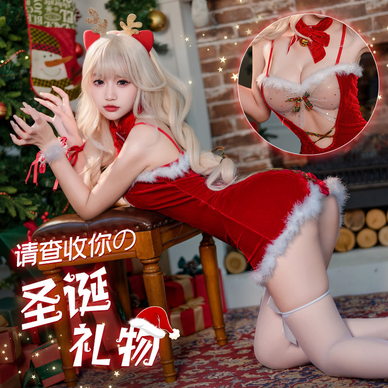 Poem Meisha: Cute Elk Red Lingerie Sexy Christmas suit Uniform Tempting New Year's Robe 6709