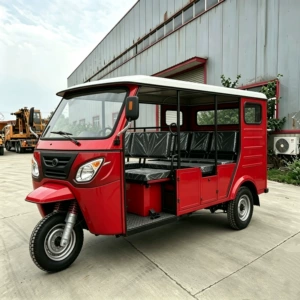 Fuel-powered enclosed passenger tricycle with multiple seats for carrying passengers in rural markets and short-distance transportation