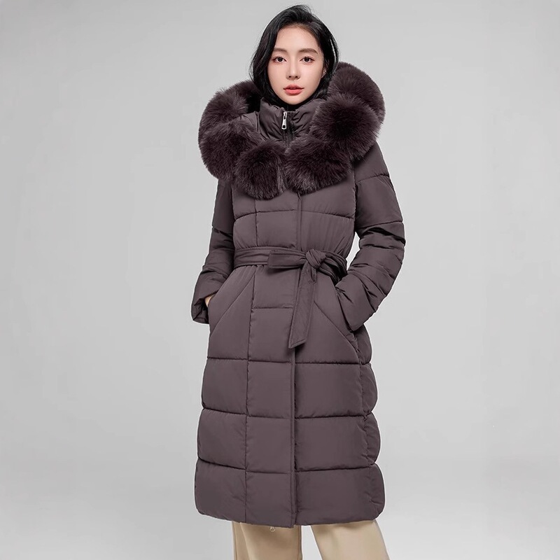 Winter long down cotton coat for women with large fur collar and hood, over-the-knee, with tie waist, thickened for warmth, elegant cotton jacket
