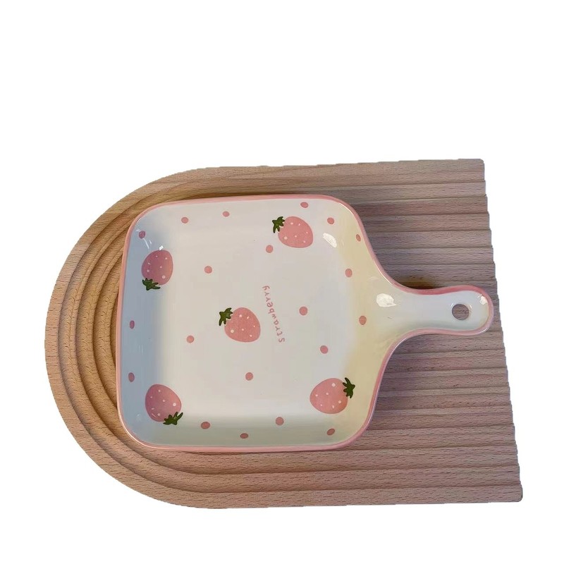 電子レンジ対応皿とボウル 北欧風皿ハンドル イチゴ手描きハンドル 陶器食器 グリルパン 蒸し卵ボウル なし|undefined