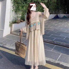 复古流苏设计感针织背心长袖防晒衫半身裙女夏季2025时尚旅行套装