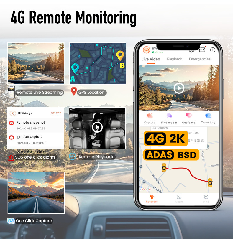 Cross-Border 4g Dashcam with Wifi, Four-Channel Recording, 24-Hour Remote Monitoring, Gps Positioning, Bsd Blind Spot Monitoring, Foreign Trade