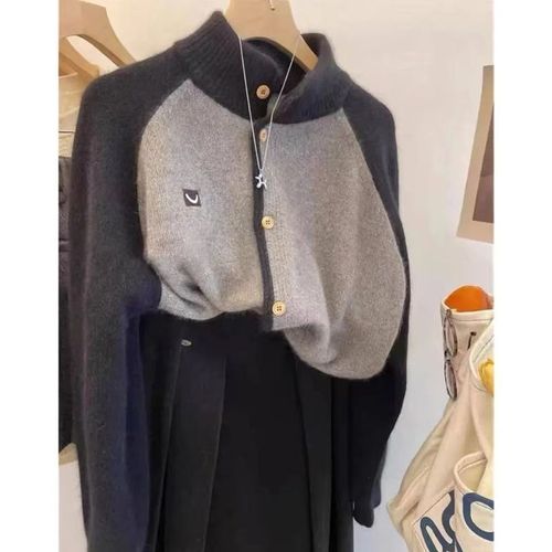 Languid Contrast Color Crew Neck Knit Cardigan Fashion Autumn/Winter New Design Trend Comfy Soft Wool Sweater Outerwear