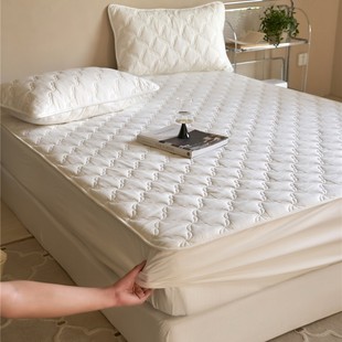 Japanese-Style Muji-Style All-Cotton Yarn-Dyed Washed Cotton Checkered Quilted Fitted Sheet Mattress Protector Machine Washable Bed