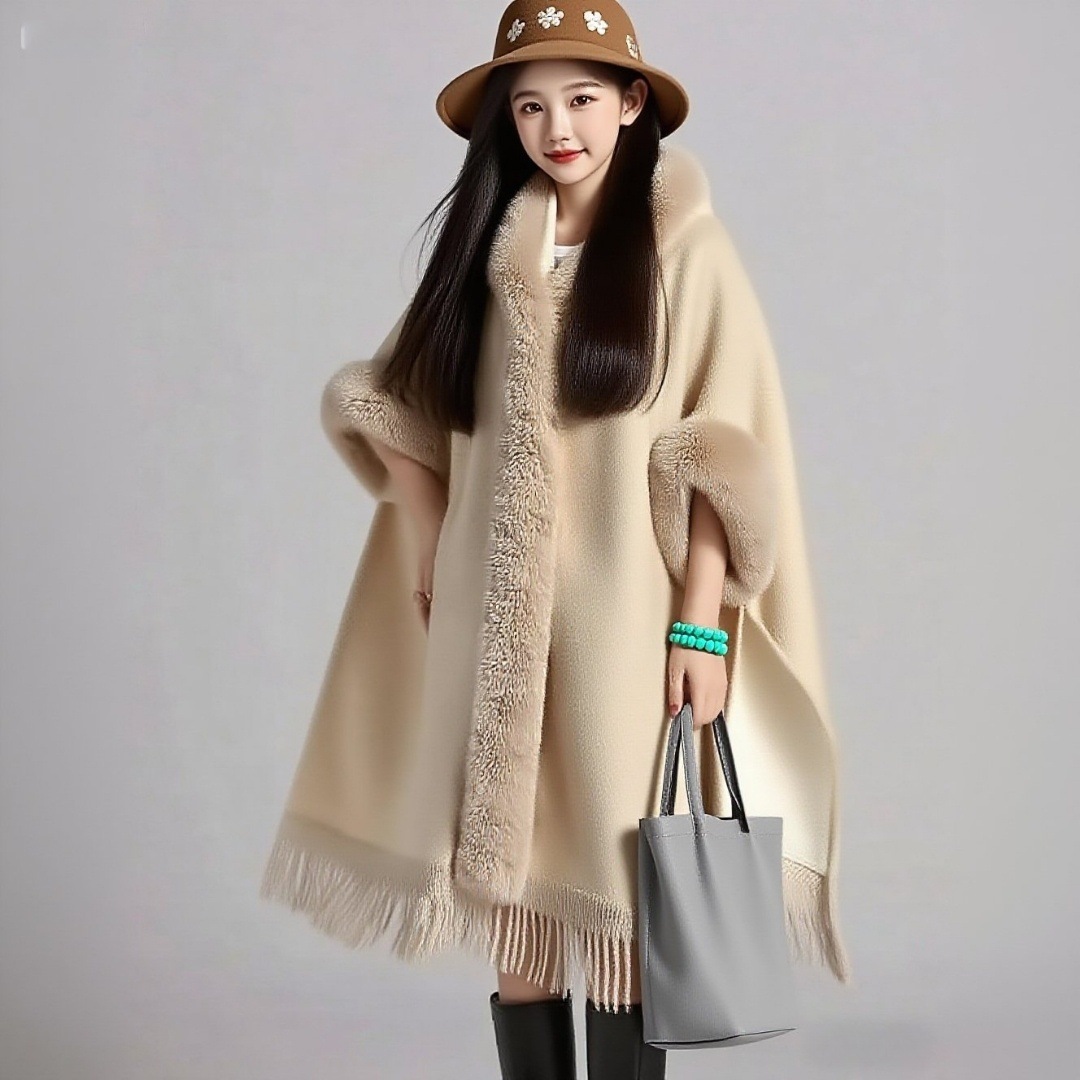 Chaqueta de capa grande con flecos, capa de mujer, calidez artificial, color sólido, estampado, engrosamiento, lana de otoño e invierno, chal europeo y americano