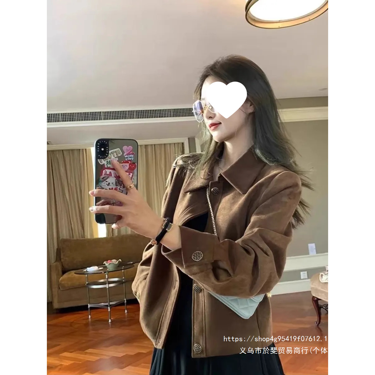 Brown suede short jacket for women, 2026 spring and autumn style, Korean loose casual retro petite jacket top.