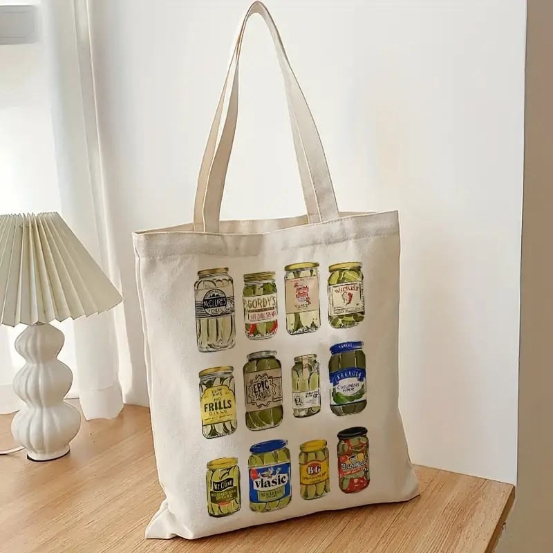 Botellas enlatadas de pepino transfronterizas impresas, bolsos de lona de gran capacidad, bolsos de hombro perfectos para compras