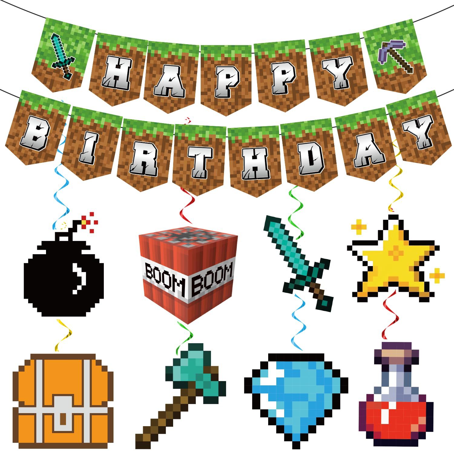 矿工像素生日派对装饰横幅螺旋挂饰 我的世界挖矿冒险派对拉旗