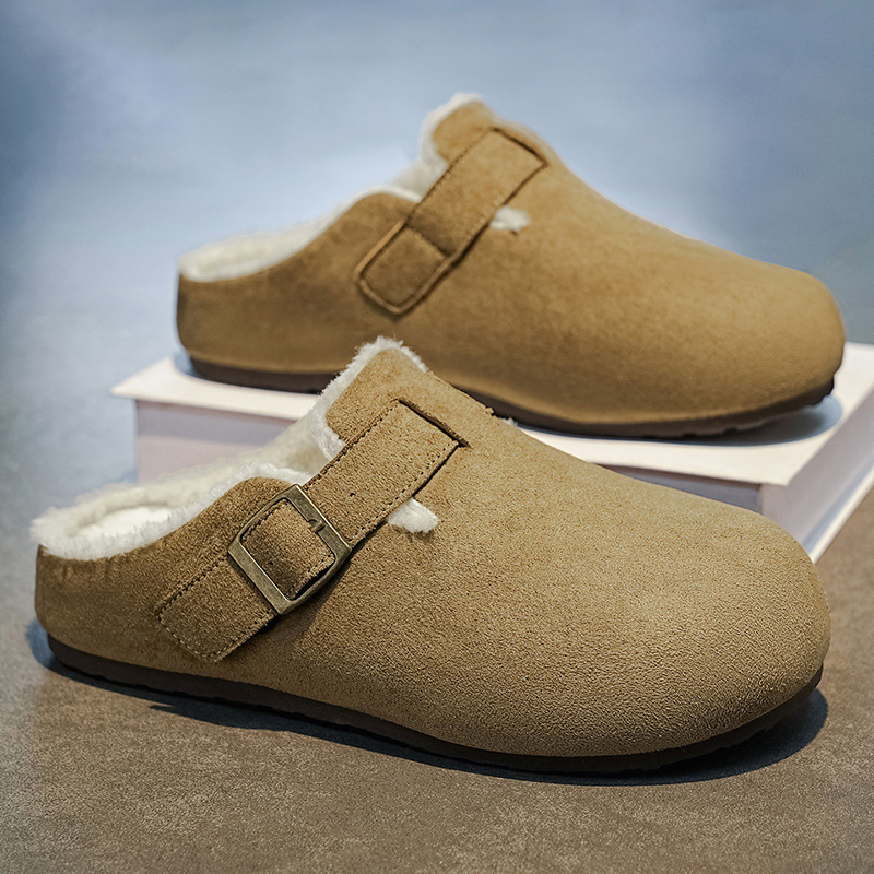 Birkenstock-style men's winter slip-on half-slipper, fleece-lined for warmth, suitable for outdoor wear, non-slip, and designed for driving, with a closed-toe cotton slipper style