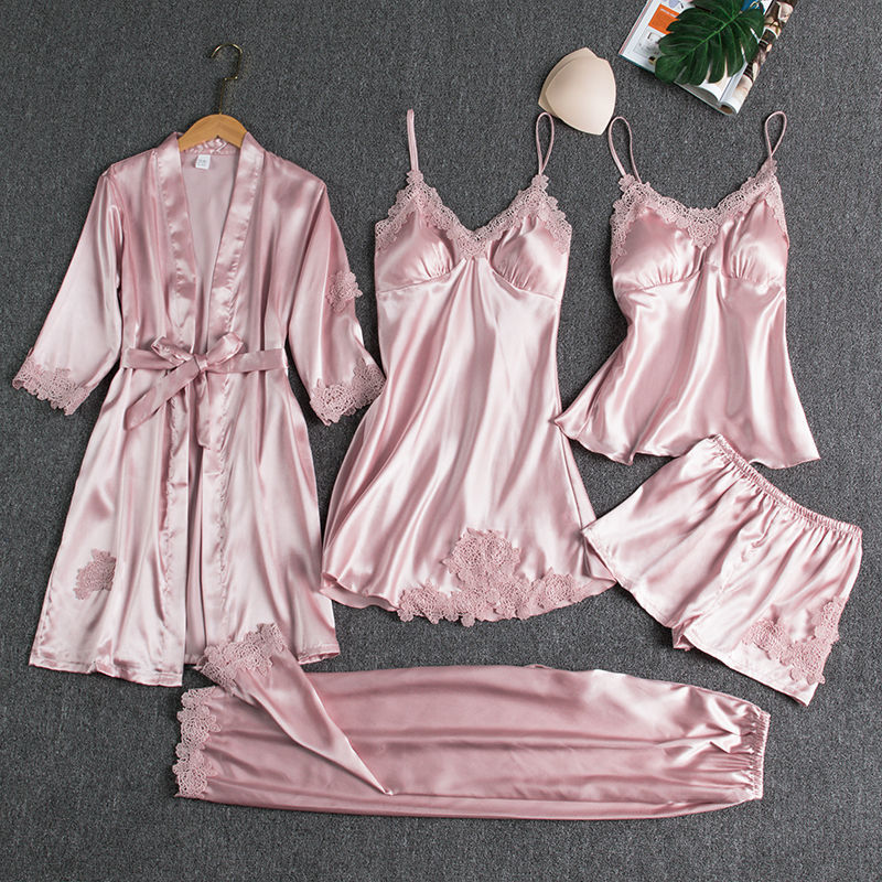 Women's Spring, Autumn and Summer Five-Piece Pajamas with Breast Pads, Women's Silk Pajamas, Sexy Suspender Skirts, Long-Sleeved Nightgowns, Home Clothes