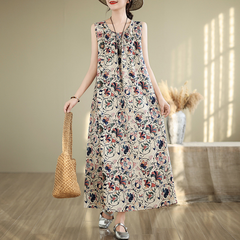 新しい中年スタイルママ綿シルクドレス女性の夏の大きな裾人工綿ロングスカート義母夏服50歳|undefined