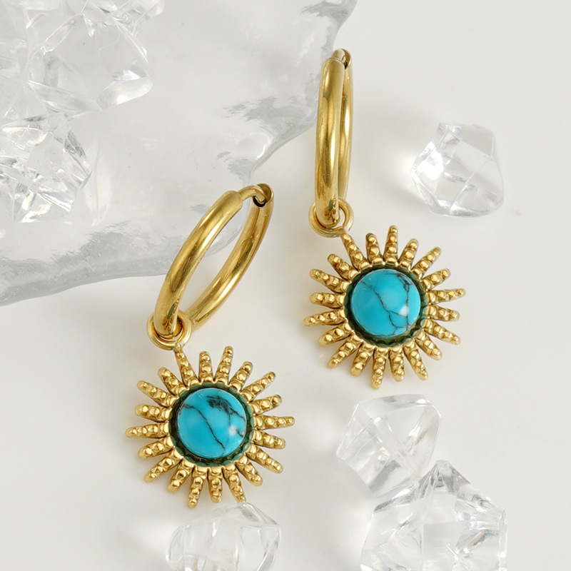 Nuevos aretes de acero inoxidable transfronterizo de Europa y América, aretes de titanio de turquesa azul, diseño simple de aretes retro de nicho