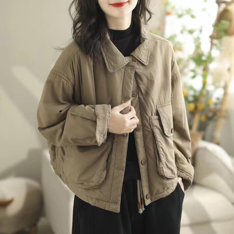 日系高級対外貿易輸出後に綿のコートを挟んだ女性の復古的な厚手の大きなポケットのカジュアルな保温綿入れの上着|undefined