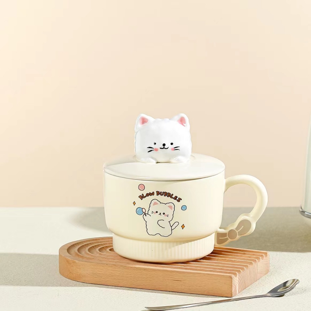 Creativo lindo gato de dibujos animados Taza de cerámica de alto aspecto taza de desayuno con tapa cuchara taza de avena con mano regalo taza de agua