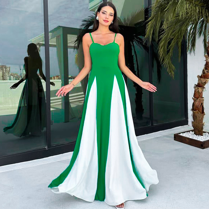 Fashionable Women's Contrast Stitching Suspender Prom Evening Dress_voghion.com