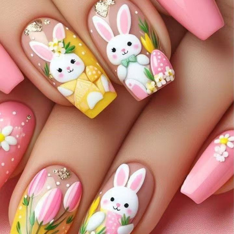 Fashion Cute Pink Yellow Bunny Design Easter Egg Tulip Gradient Wear Nail Art Fake Nail Pieces