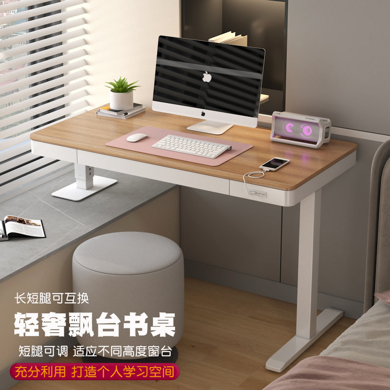 Small White Bay Window Desk for Bedroom with Long and Short Legs, Computer Desk with Drawer, Tempered Glass Study Desk