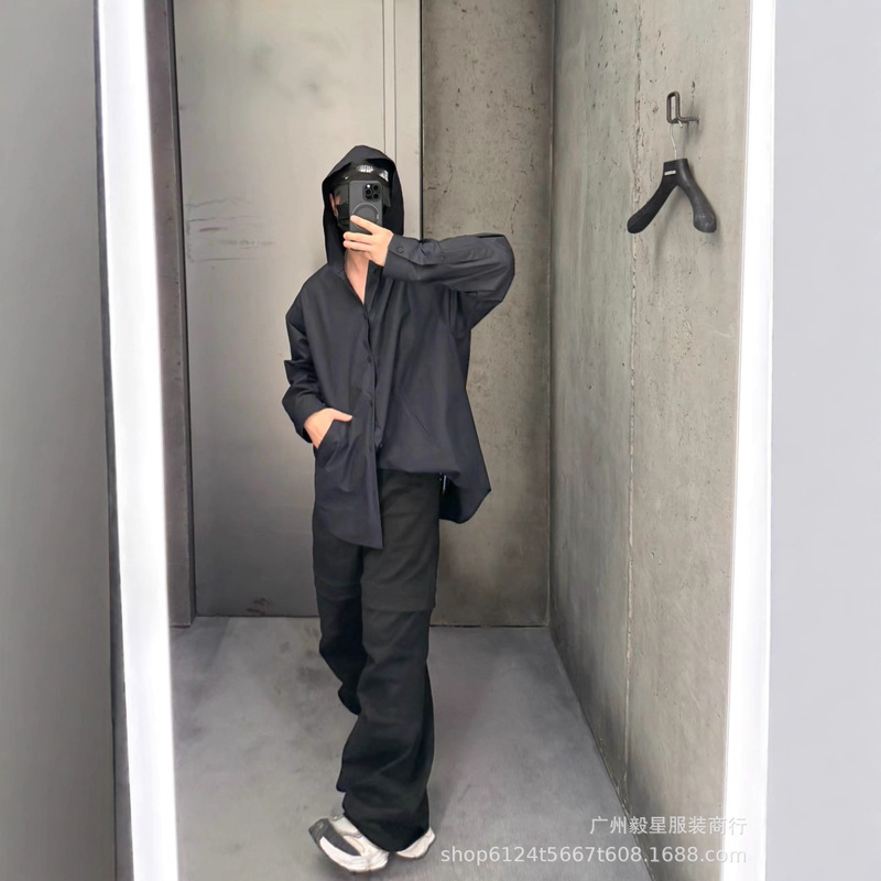 高版本巴黎B家25新款字母logo刺绣休闲宽松男女透气长袖连帽衬衫|undefined