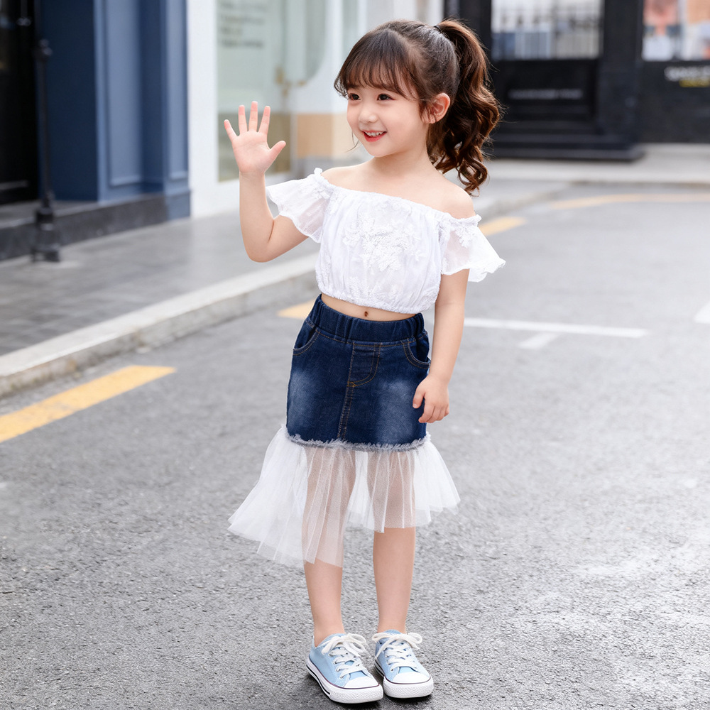 Girls' Outfit 2026 Summer Fashionable Girl's Off-Shoulder Top + Denim Short Skirt Two-Piece Children's Clothing Wholesale Girls' Outfit 2026 Summer Fashionable Girl's Off-Shoulder Top + Denim Short Skirt Two-Piece Children's Clothing Wholesale