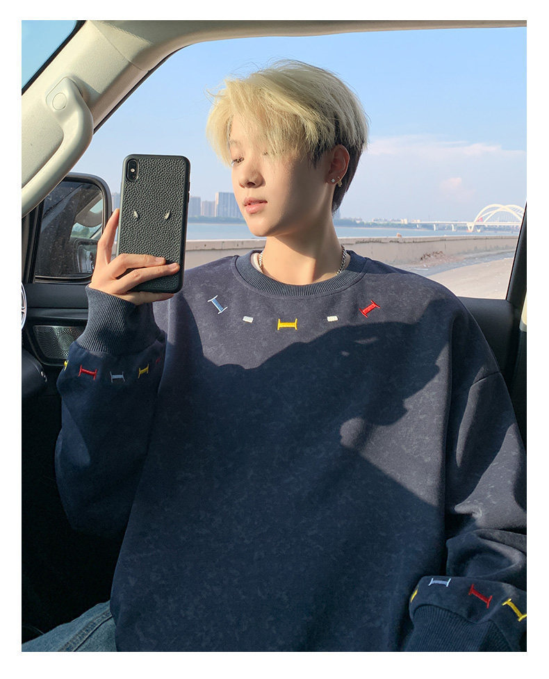 Embroidered Crew Neck Long Sleeve Pullover For Men Casual Top_voghion.com