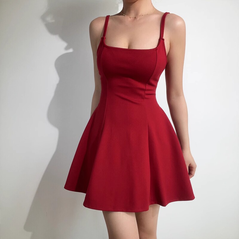 Beran European and American Style Sexy Spicy Girl Square Neck Solid Color Waist-Cinching Flared Slimming A-Line Tank Dress for Women Beran European and American Style Sexy Spicy Girl Square Neck Solid Color Waist-Cinching Flared Slimming A-Line Tank Dress for Women