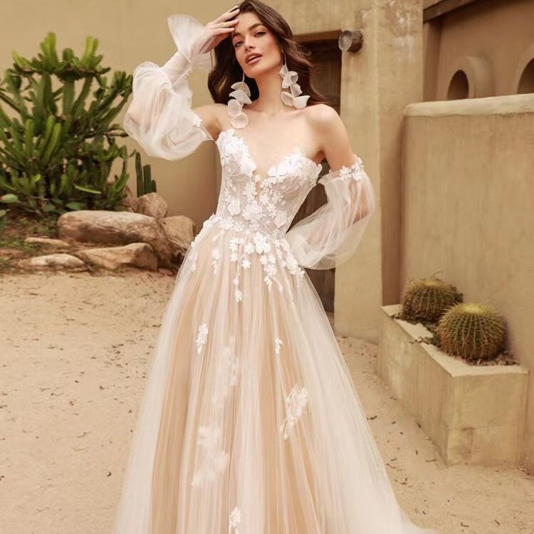 European and American new three-dimensional flower bridal wedding dress puff sleeve sexy waist slimming mesh mop dress evening dress