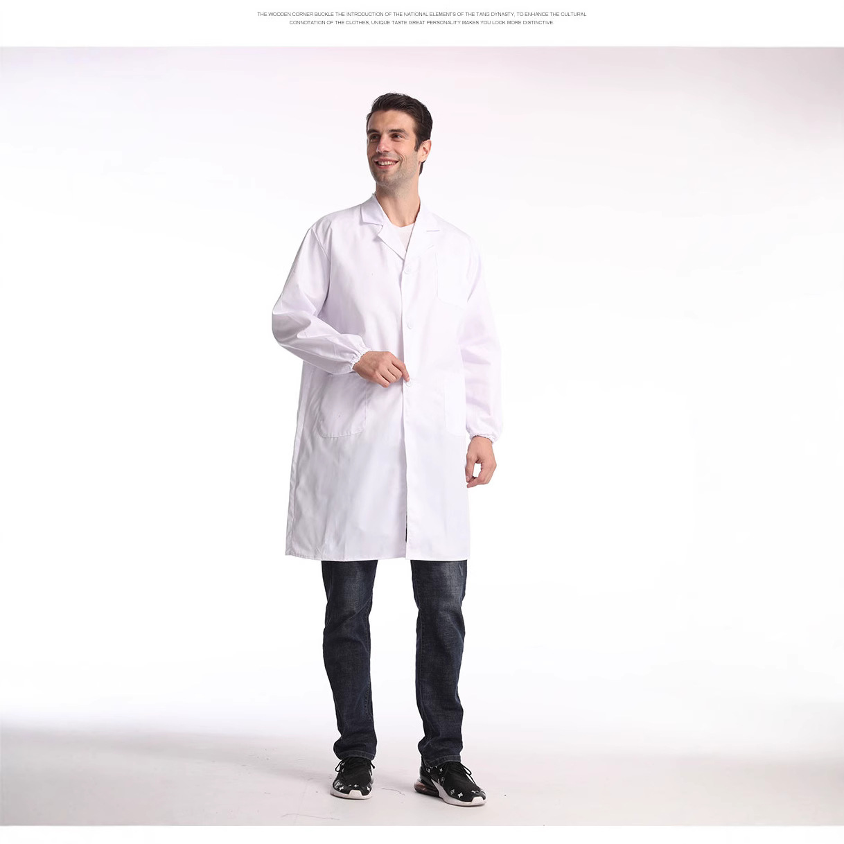 Calidad de exportación sin Pilling doctor Food Laboratorio salón de belleza de manga larga de una sola pieza herramientas vestido blanco impresión logo