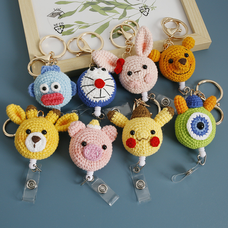 Charming Cartoon Handmade Knitted Key Hook, Exquisite ID Lanyard, Wool Crochet ID Slide Hook