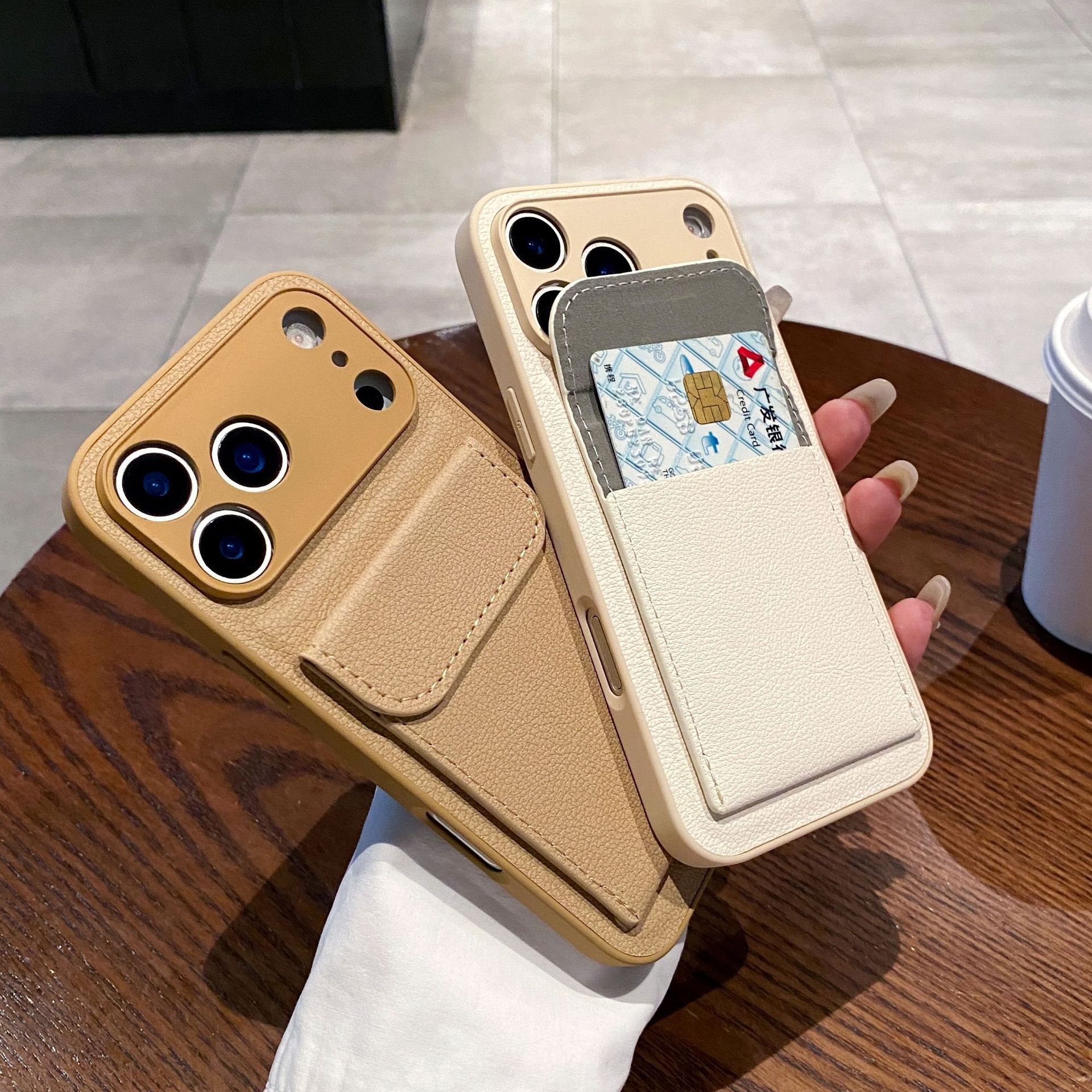 Aplicable para iPhone18PROMAX estuche de teléfono móvil simple litchi estampado tarjeta bolsa soporte manzana 17 anti-caída 16 transfronterizo