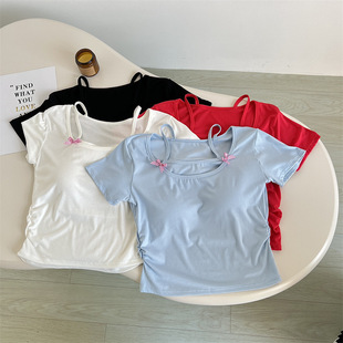 New Style Chic Design Sense T-shirt Women's Bra-free Bra with Chest Pad Side Pleated Waist Slimming Short-sleeved Top